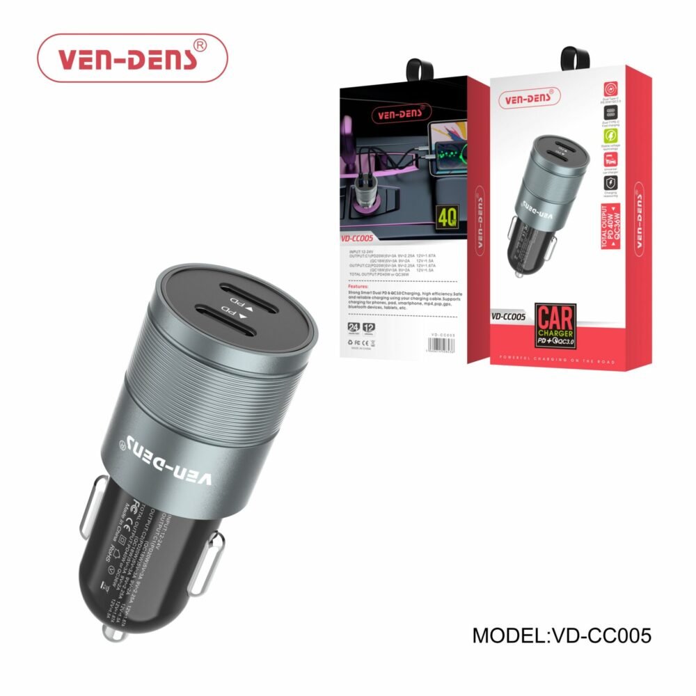 ven dens 40w dual type c pd car charger vd cc005
